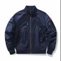 Premium navy blue pilot flight jacket with tactical utility pockets and red ribbon detail - S / Tops / Navy Blue