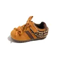 Mustard yellow girl sneakers featuring checkered frill accents and a stylish front bow detail - Size 22 Inner Length 14.0cm / Yellow