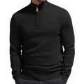 Luxe zwarte herentrui met opstaande kraag, ritssluiting en diagonale gebreide textuur - M / Tops / Zwart