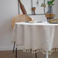 Elegant cream dustproof tablecloth with embroidered lines and tassels for round dining table - 140*260cm / White
