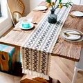 Chemin de table bohème en coton tissé avec motifs géométriques noirs et glands - Style Trois Motifs de Losanges (MX08) / 30x50cm / Blanc Cassé