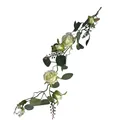 Detailed view of realistic white French roses and green eucalyptus leaves on a decorative vine - Cream