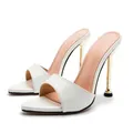 Elegant white snake-textured pointed-toe high heel mules with sexy gold stiletto for parties - 35 / White