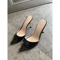 Elegant black pointed toe mules with crocodile pattern and slim metallic high heels - 35 / Black