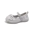 Shiny silver princess shoes for girls featuring a delicate bow and rhinestone pearl strap - Size 23 Inner Length 14.3cm / Silver