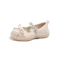 Elegant beige girl's Mary Jane shoes featuring bow-knot and rhinestone pearl straps. - Size 23 Inner Length 14.3cm / Off White
