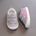 Grey breathable mesh baby walking shoes with pink lightning bolt and soft white sole. - Size 19/Inner Length 12.2cm / Pink