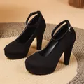 Classic black suede platform high heel pumps with an elegant adjustable ankle strap - 34 / Black