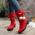 Vibrant red mid-calf suede boots with bow and pom-poms, block heel design. - Red