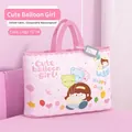 Large pink quilt storage bag with cute cartoon balloon girl print and clear name tag - Extra Large / Girl with Balloons