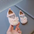 Pink baby girl princess walking shoes with delicate lace bow and pearl embellishments - 16 / Princess Mary Jane Style (MLX-8656) / Pink