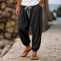 Casual μαύρο ανδρικό βαμβακερό λινό παντελόνι jogger με ελαστική μέση και κορδόνι - S / Bottoms / Μαύρο