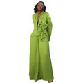 Full view of a lime green two-piece set with a wrap blazer and wide-leg trousers. - Green