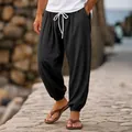 Casual black men's cotton linen joggers with elastic waist and white drawstring detail - S / Bottoms / Black
