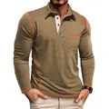 Gedetailleerde weergave van heren poloshirt met lange mouwen en contraststiksels - Khaki