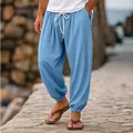 Ανδρικό γαλάζιο παντελόνι jogger από βαμβάκι και λινό με κορδόνι και λάστιχο - Γαλάζιο