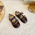 Chaussures Mary Jane marron foncé pour fillettes avec bout fendu et double nœuds élégants - Taille 30 / 18.5cm / Marron
