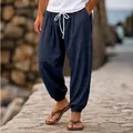 Ανδρικό βαμβακερό λινό παντελόνι jogger σε ναυτικό μπλε με κορδόνι στη μέση - Σκούρο μπλε