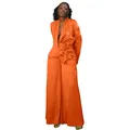 Elegant bright orange wrap blazer and wide-leg trousers set for a bold professional look - Orange