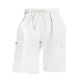 Close-up view of white corduroy men's cargo shorts featuring a drawstring waist - White