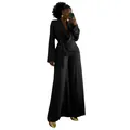 Detail of elegant black two-piece set with wrap blazer top and wide-leg trousers - Black
