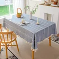 Nappe rustique en coton et lin à rayures bleues avec glands décoratifs blancs - Série Croix à Glands / 140*260cm / Bleu