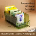 Transparent green PET spice packet storage box with adjustable dividers for kitchen use. - Narrow Long Style (With Divider) / Translucent Green