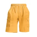 Close-up detail of men's yellow corduroy cargo shorts featuring a drawstring waist. - Yellow