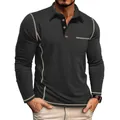 Heren poloshirt in antracietgrijs met lange mouwen, contrastnaden en een borstzak - S / Tops / Zwart