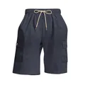 Detail of men's navy blue corduroy cargo shorts with drawstring waist and pockets. - Navy Blue