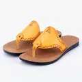 Women's yellow PU leather thong sandals with floral laser-cut design for summer beach - 35 / Yellow