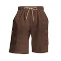 Macro view of brown corduroy cargo shorts with ribbed fabric and adjustable drawstring - Brown
