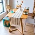 Chemin de table bohème en coton tissé avec motifs géométriques et pompons pour déco. - MX12 Base Blanche Quadrilatère Kaki (Franges de Gland) / 30*50cm / Blanc Cassé