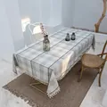 Elegant grey plaid cotton linen tablecloth with white tassels for dining table decor - 100*140cm