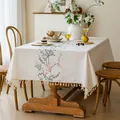 Close-up of embroidered floral patterns and tassel edges on an ivory linen tablecloth - Plum Blossom Snow Branch / 140*100cm / Green