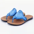 Stylish blue PU leather flip-flops for women featuring elegant white floral prints - 35 / Light Blue
