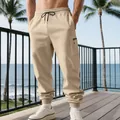 Detail view of men's beige heavy weight casual cargo jogger pants with elastic drawstring waist - S / Bottoms / Khaki