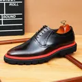 Glossy dark brown men's Oxford dress shoes with pointed toe and red rubber sole - 37 / Burnished Brown