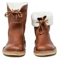 Detailed view of brown leather snow boots featuring cozy white fleece lining and lace-up front - 35 / Yellow