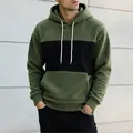Men's stylish olive green and black color-block fleece hoodie with drawstring hood - S / Tops / Army Green Black