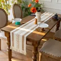 Chemin de table bohème en coton tissé avec motifs marron et pompons - Style de Rayures Hexagonales (MX13) / 30x50cm / Jaune