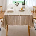 Vintage linen tablecloth with white embroidery and tassel fringe - Cross Tassel Series / 60*60cm / No.6 Coffee Blue Plaid