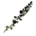 Detail view of high simulation artificial eucalyptus vine with dark burgundy French roses - Burgundy