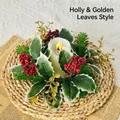 Corona portavelas de Navidad estilo acebo y hojas doradas con bayas rojas decorativa - Estilo Acebo y Hoja Dorada