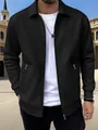 Men's casual black textured zip-up jacket featuring a classic lapel and side zip pockets - S / Tops / Black