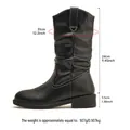 Black mid-calf Western boots with chunky heel and V-cut design for women, measurements shown - 35 / Black