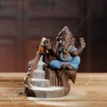 Handcrafted Ganesha purple clay backflow incense burner with smoky waterfall effect - Landscape Elephant / Blue