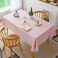 Pink cotton linen tablecloth with white embroidered stripes and decorative tassels for dining - Cross Tassel Series / 60*60cm / No. 8 Pink