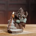 Lord Ganesha purple clay backflow incense burner with mountain waterfall smoke effect - Landscape Elephant / Green