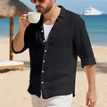 Relaxed fit men's black linen button-down shirt for casual beach vacation styling - S / Tops / Black